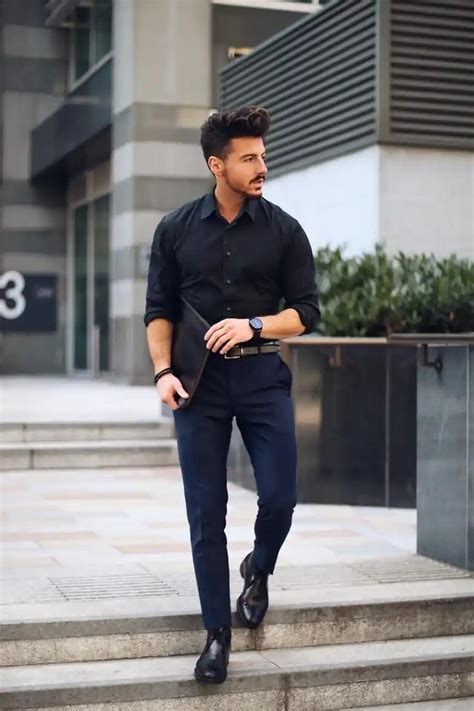 navy blue shirt black pant combination